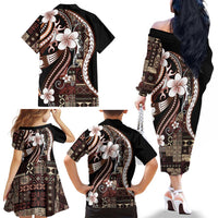 Samoa Siapo Tribal Pattern Family Matching Off The Shoulder Long Sleeve Dress and Hawaiian Shirt Brown Polynesian Plumeria Tapa Motif
