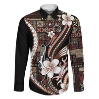 Samoa Siapo Tribal Pattern Family Matching Off The Shoulder Long Sleeve Dress and Hawaiian Shirt Brown Polynesian Plumeria Tapa Motif