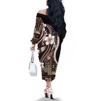 Samoa Siapo Tribal Pattern Family Matching Off The Shoulder Long Sleeve Dress and Hawaiian Shirt Brown Polynesian Plumeria Tapa Motif