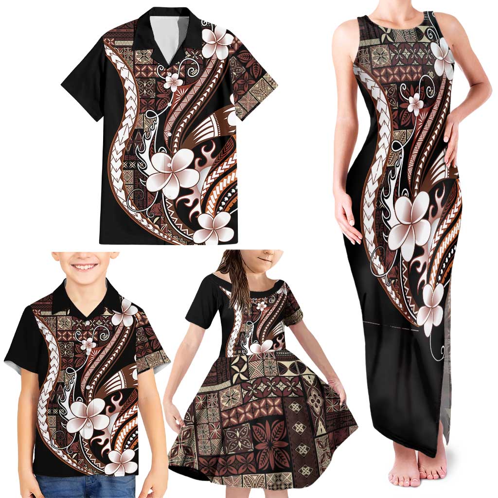 Samoa Siapo Tribal Pattern Family Matching Tank Maxi Dress and Hawaiian Shirt Brown Polynesian Plumeria Tapa Motif