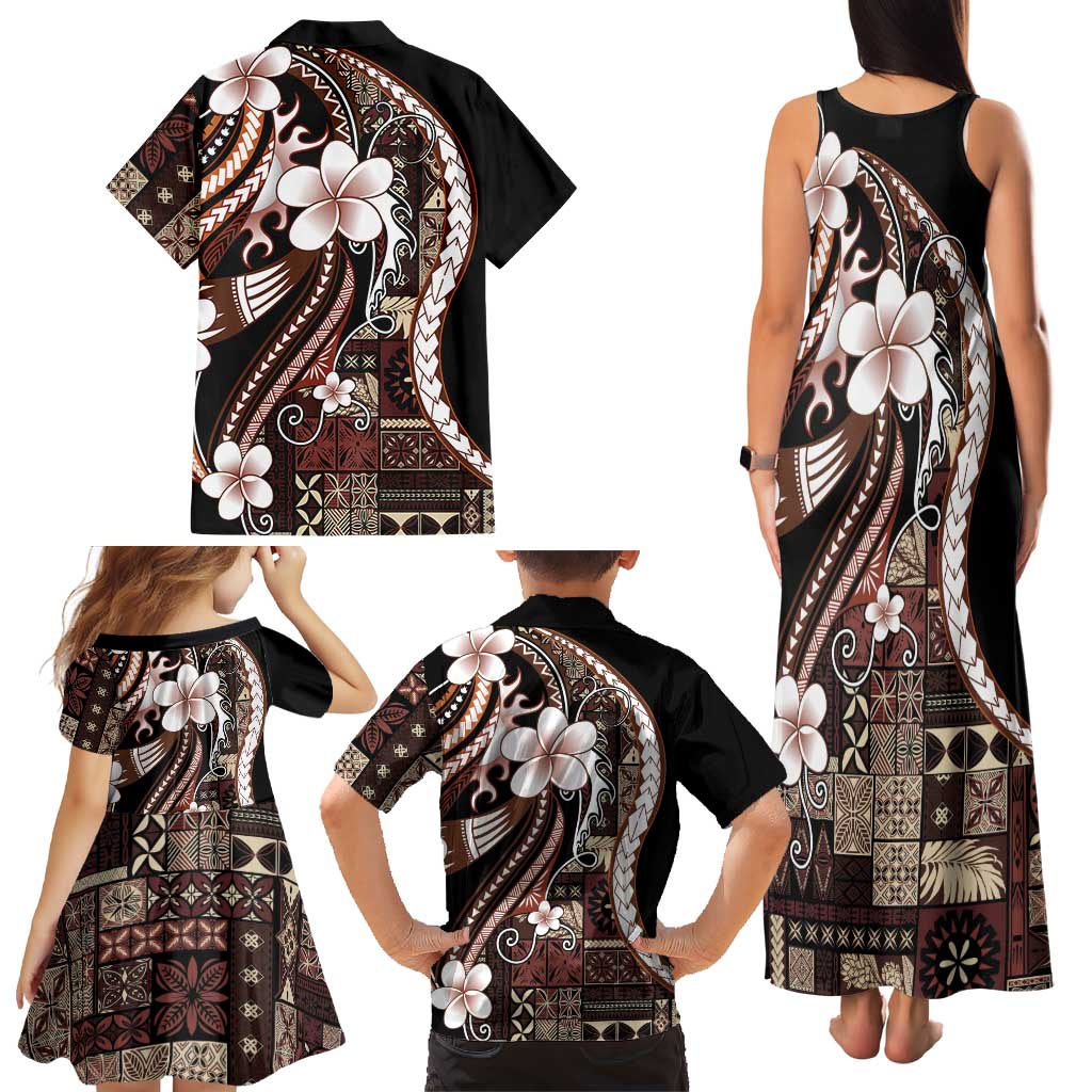 Samoa Siapo Tribal Pattern Family Matching Tank Maxi Dress and Hawaiian Shirt Brown Polynesian Plumeria Tapa Motif