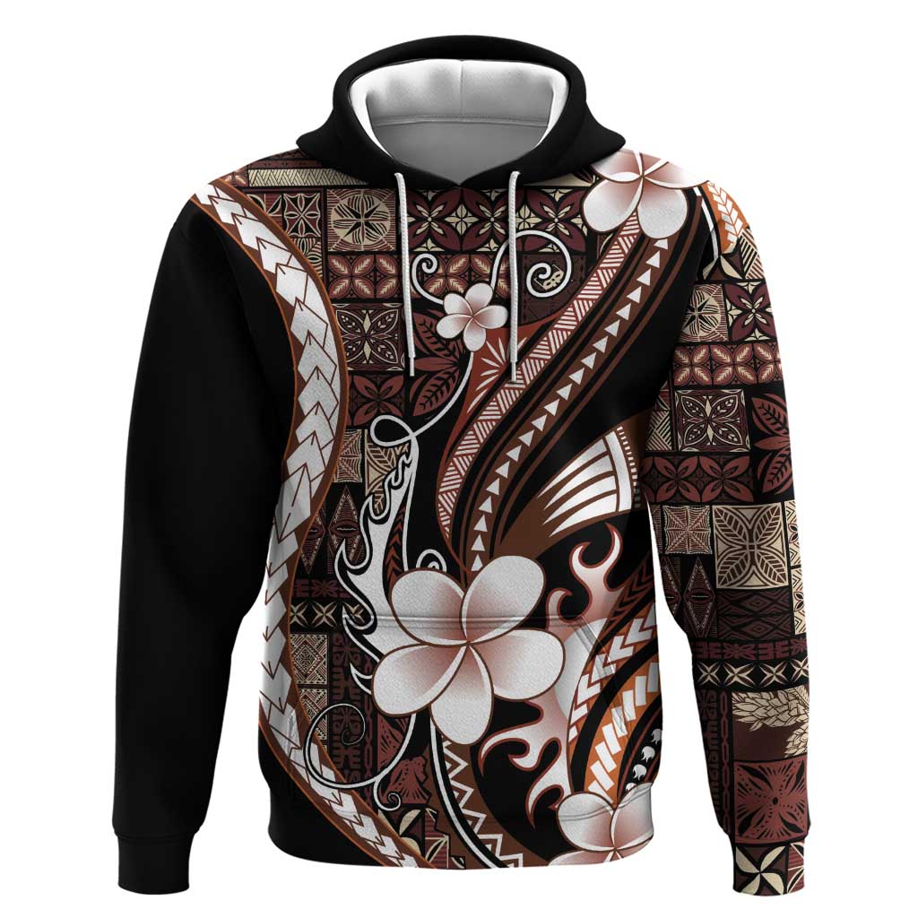 Samoa Siapo Tribal Pattern Hoodie Brown Polynesian Plumeria Tapa Motif
