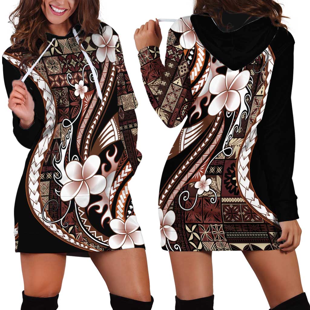 Samoa Siapo Tribal Pattern Hoodie Dress Brown Polynesian Plumeria Tapa Motif LT9 - Polynesian Pride