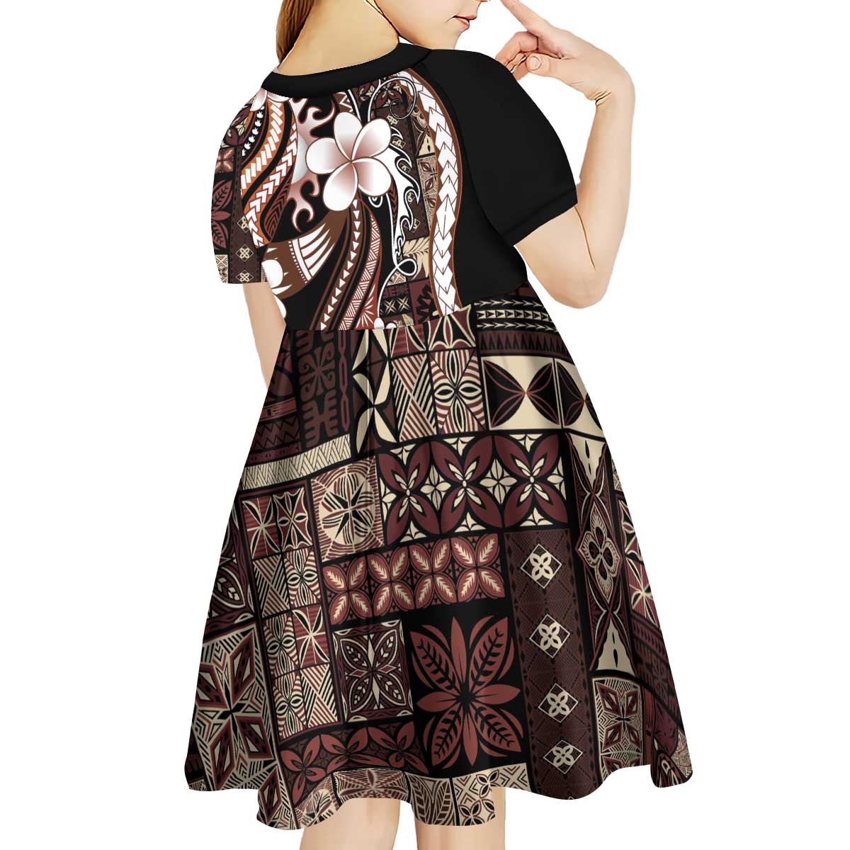 Samoa Siapo Tribal Pattern Kid Short Sleeve Dress Brown Polynesian Plumeria Tapa Motif LT9 - Polynesian Pride