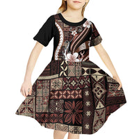 Samoa Siapo Tribal Pattern Kid Short Sleeve Dress Brown Polynesian Plumeria Tapa Motif LT9 - Polynesian Pride
