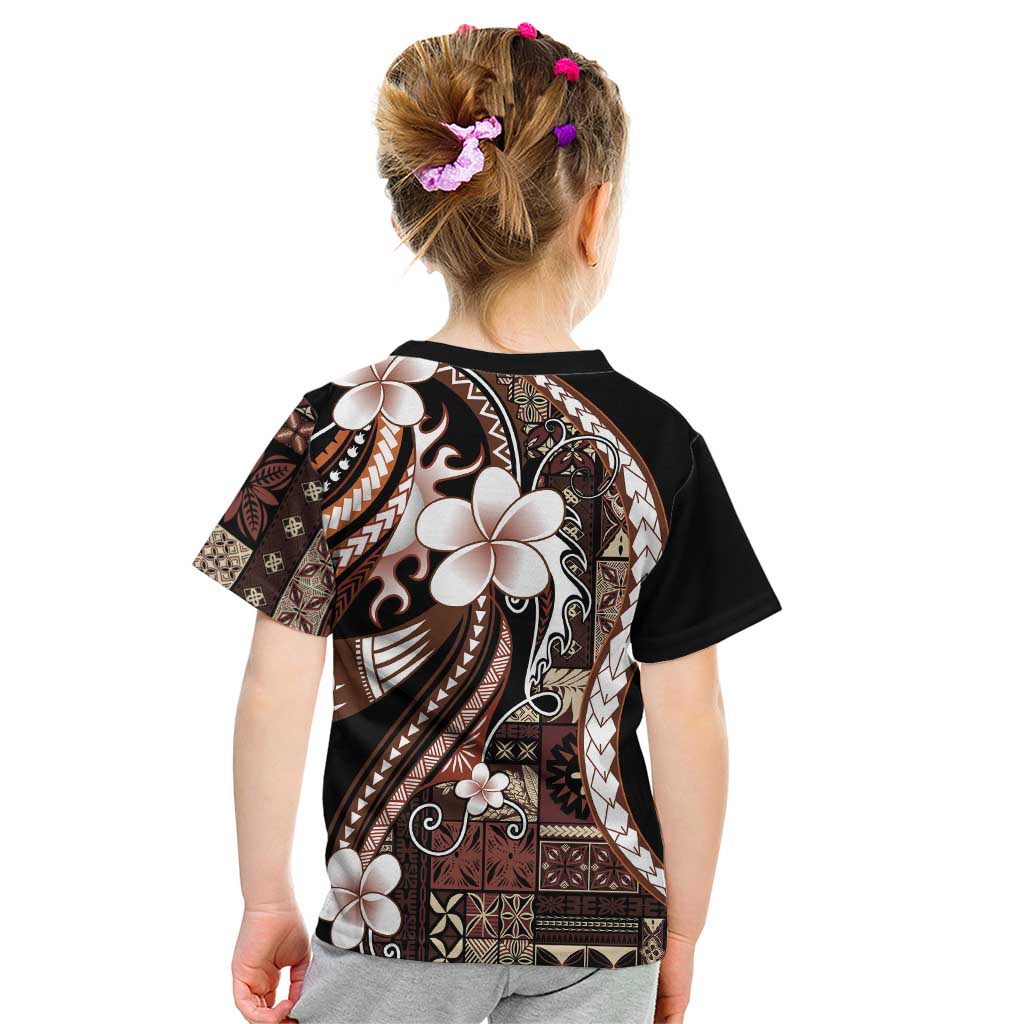 Samoa Siapo Tribal Pattern Kid T Shirt Brown Polynesian Plumeria Tapa Motif