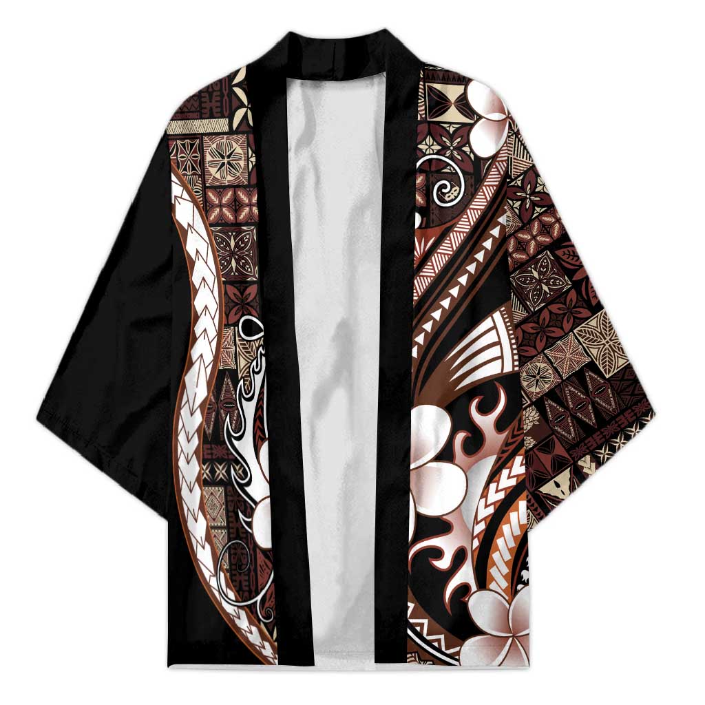 Samoa Siapo Tribal Pattern Kimono Brown Polynesian Plumeria Tapa Motif