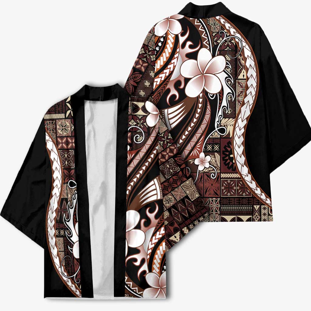 Samoa Siapo Tribal Pattern Kimono Brown Polynesian Plumeria Tapa Motif
