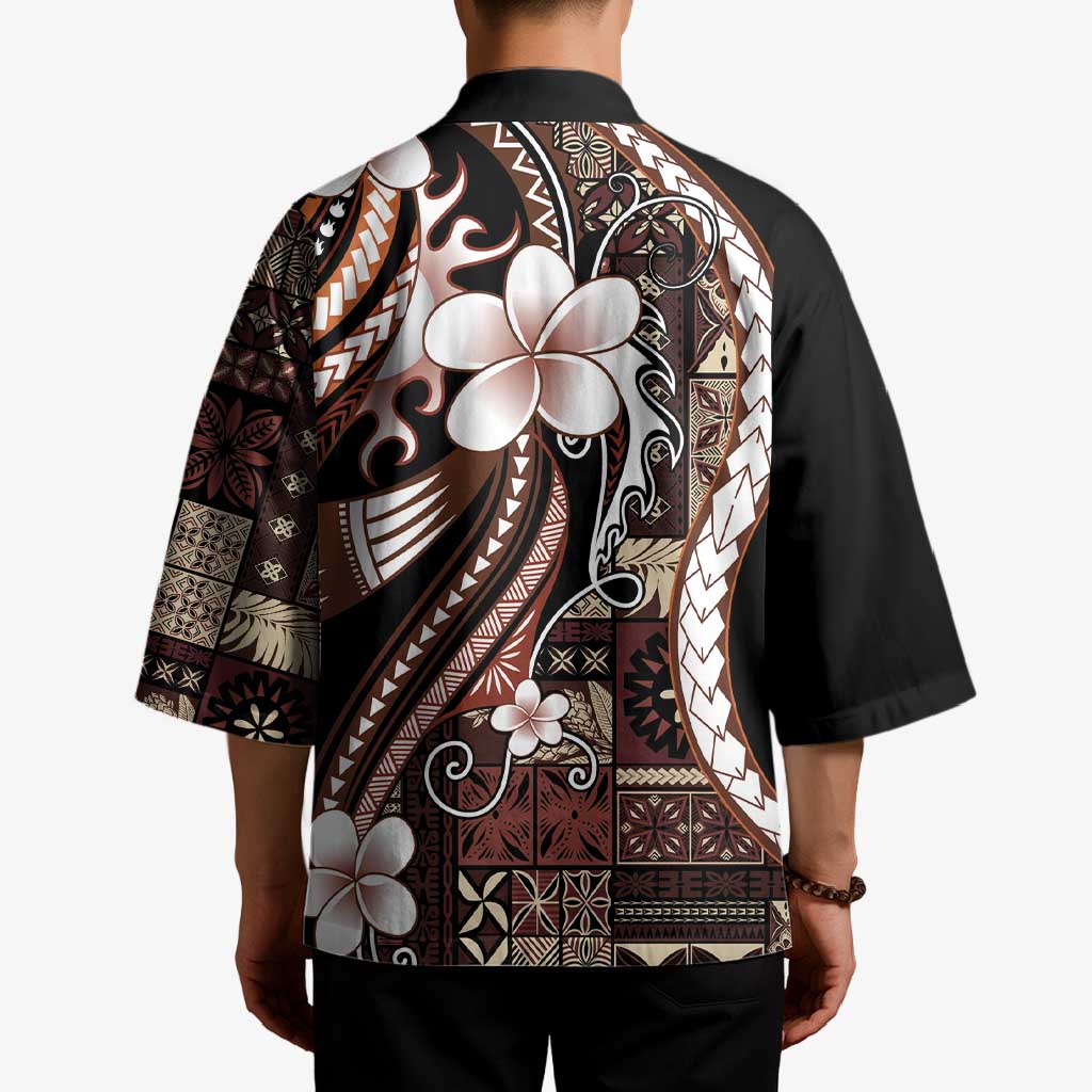 Samoa Siapo Tribal Pattern Kimono Brown Polynesian Plumeria Tapa Motif