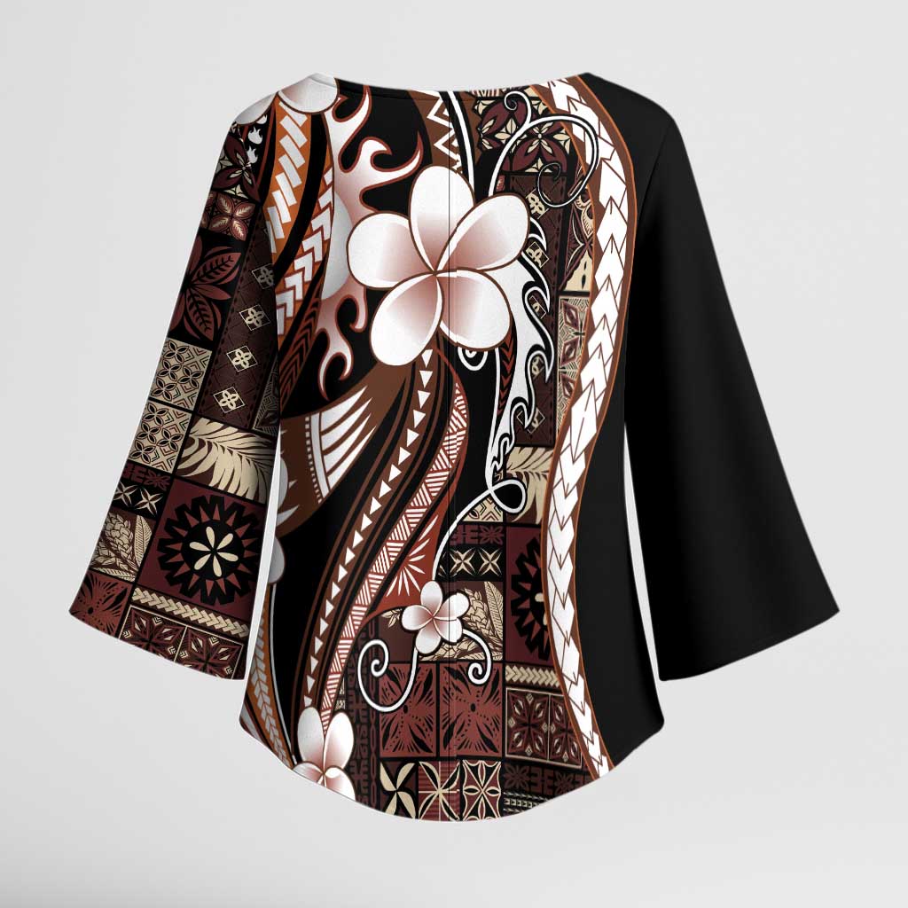 Samoa Siapo Tribal Pattern Kimono Sleeve Blouse Brown Polynesian Plumeria Tapa Motif LT9 - Polynesian Pride