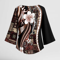 Samoa Siapo Tribal Pattern Kimono Sleeve Blouse Brown Polynesian Plumeria Tapa Motif LT9 - Polynesian Pride