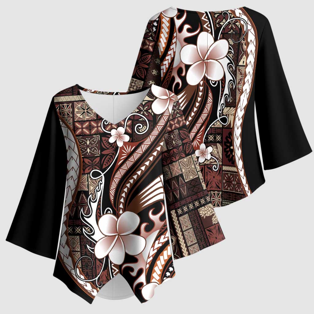 Samoa Siapo Tribal Pattern Kimono Sleeve Blouse Brown Polynesian Plumeria Tapa Motif LT9 - Polynesian Pride