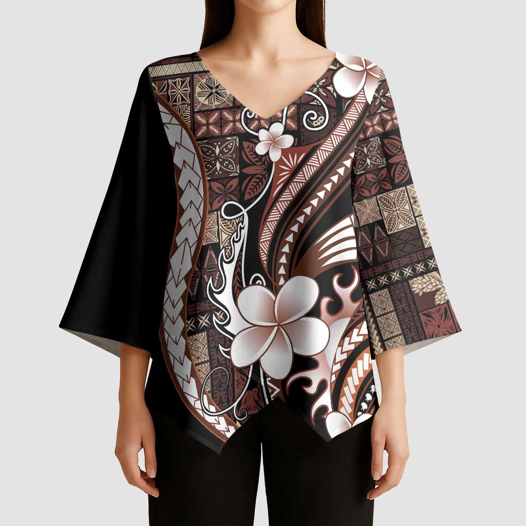 Samoa Siapo Tribal Pattern Kimono Sleeve Blouse Brown Polynesian Plumeria Tapa Motif LT9 - Polynesian Pride