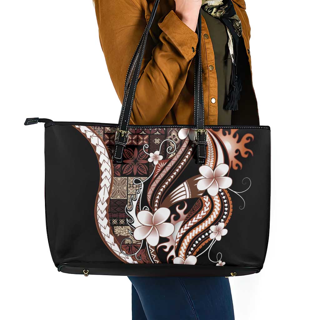 Samoa Siapo Tribal Pattern Leather Tote Bag Brown Polynesian Plumeria Tapa Motif LT9 - Polynesian Pride