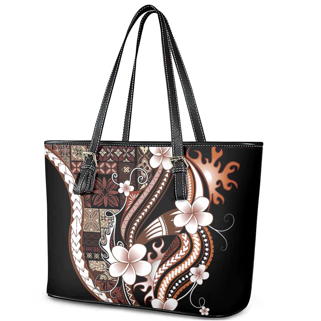 Samoa Siapo Tribal Pattern Leather Tote Bag Brown Polynesian Plumeria Tapa Motif LT9 - Polynesian Pride
