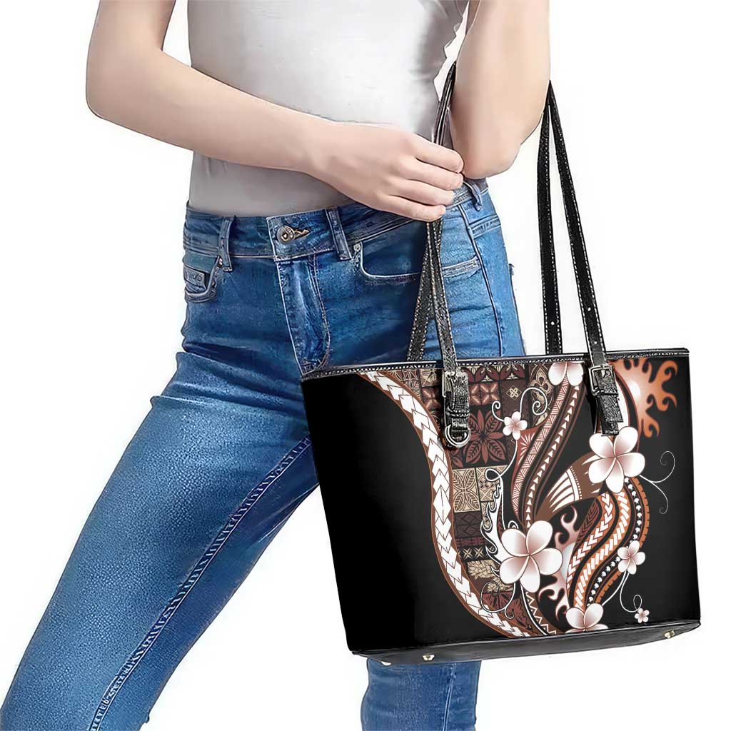 Samoa Siapo Tribal Pattern Leather Tote Bag Brown Polynesian Plumeria Tapa Motif LT9 - Polynesian Pride