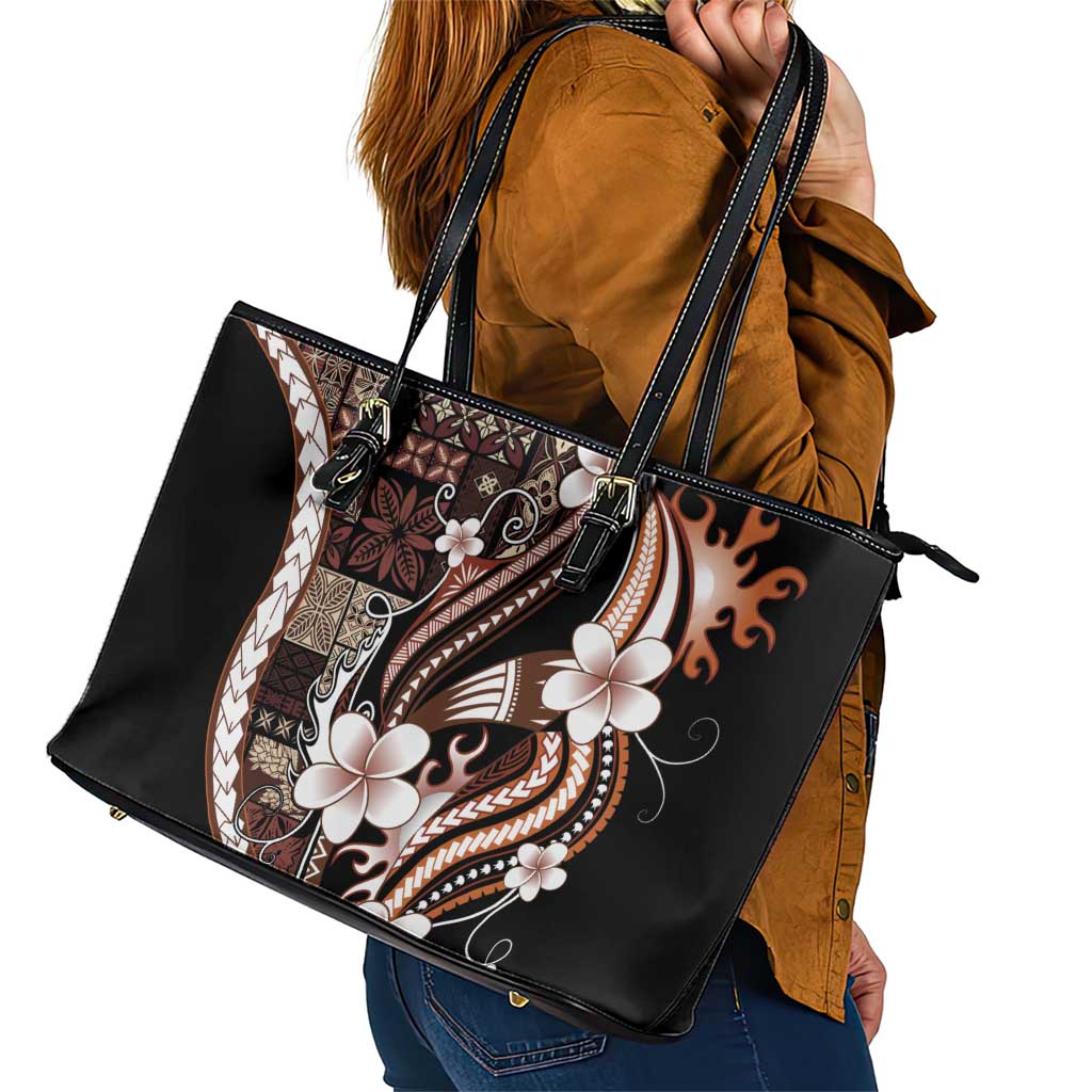 Samoa Siapo Tribal Pattern Leather Tote Bag Brown Polynesian Plumeria Tapa Motif LT9 - Polynesian Pride
