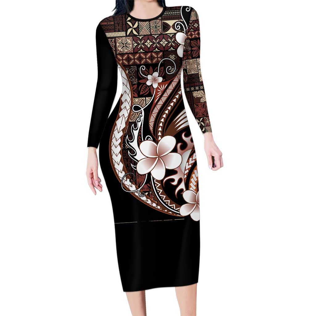 Samoa Siapo Tribal Pattern Long Sleeve Bodycon Dress Brown Polynesian Plumeria Tapa Motif LT9 Long Dress Brown - Polynesian Pride