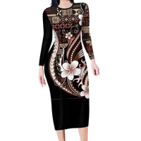 Samoa Siapo Tribal Pattern Long Sleeve Bodycon Dress Brown Polynesian Plumeria Tapa Motif LT9 Long Dress Brown - Polynesian Pride