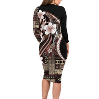 Samoa Siapo Tribal Pattern Long Sleeve Bodycon Dress Brown Polynesian Plumeria Tapa Motif LT9 - Polynesian Pride