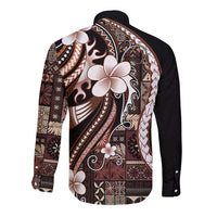 Samoa Siapo Tribal Pattern Long Sleeve Button Shirt Brown Polynesian Plumeria Tapa Motif LT9 - Polynesian Pride