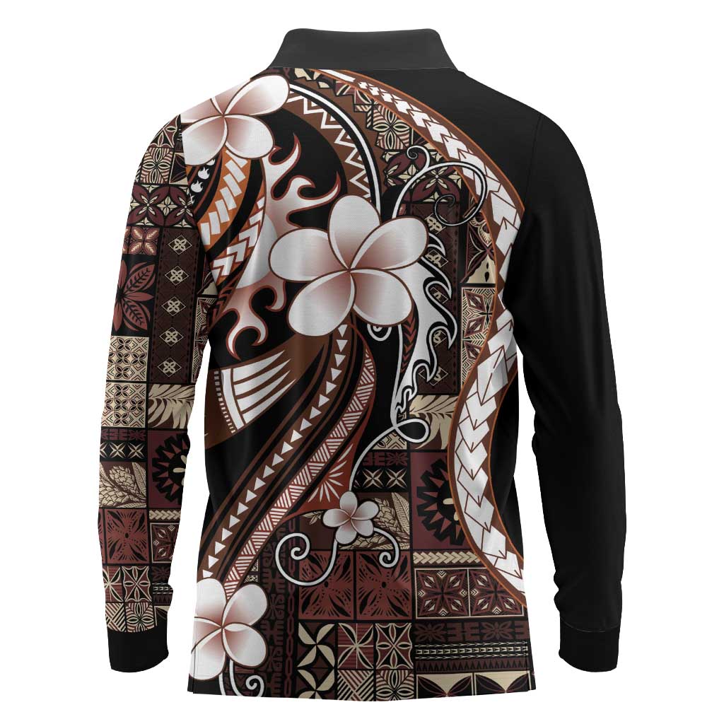 Samoa Siapo Tribal Pattern Long Sleeve Polo Shirt Brown Polynesian Plumeria Tapa Motif LT9 - Polynesian Pride