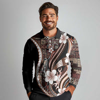 Samoa Siapo Tribal Pattern Long Sleeve Polo Shirt Brown Polynesian Plumeria Tapa Motif LT9 - Polynesian Pride