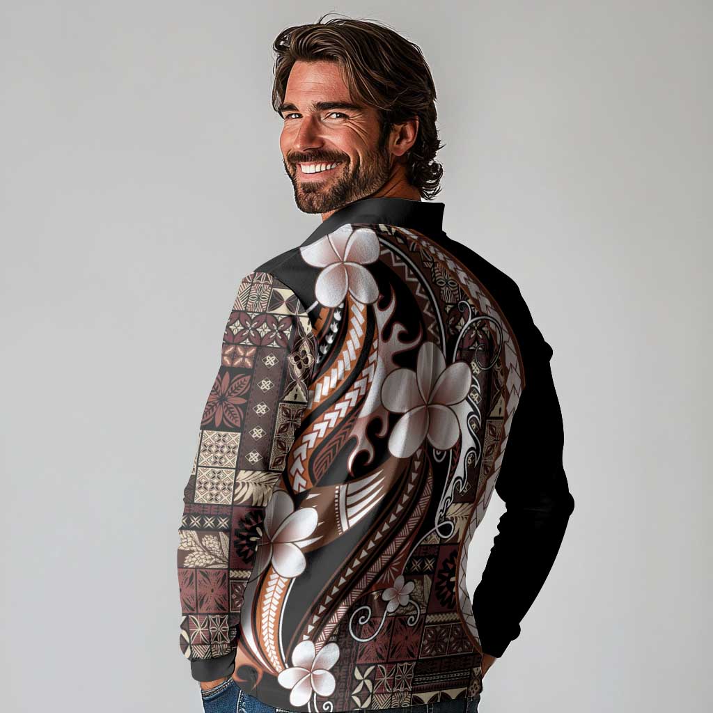 Samoa Siapo Tribal Pattern Long Sleeve Polo Shirt Brown Polynesian Plumeria Tapa Motif LT9 - Polynesian Pride
