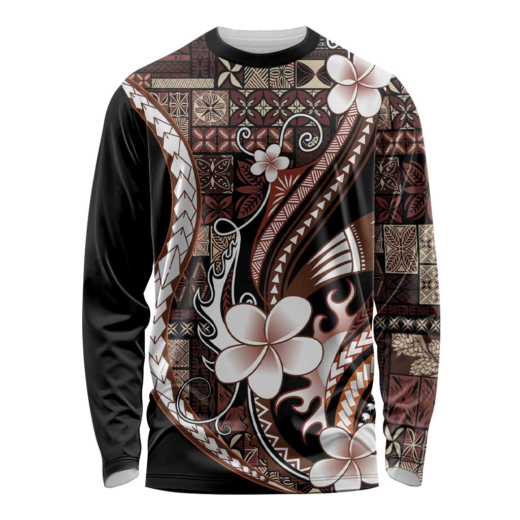 Samoa Siapo Tribal Pattern Long Sleeve Shirt Brown Polynesian Plumeria Tapa Motif