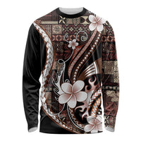Samoa Siapo Tribal Pattern Long Sleeve Shirt Brown Polynesian Plumeria Tapa Motif