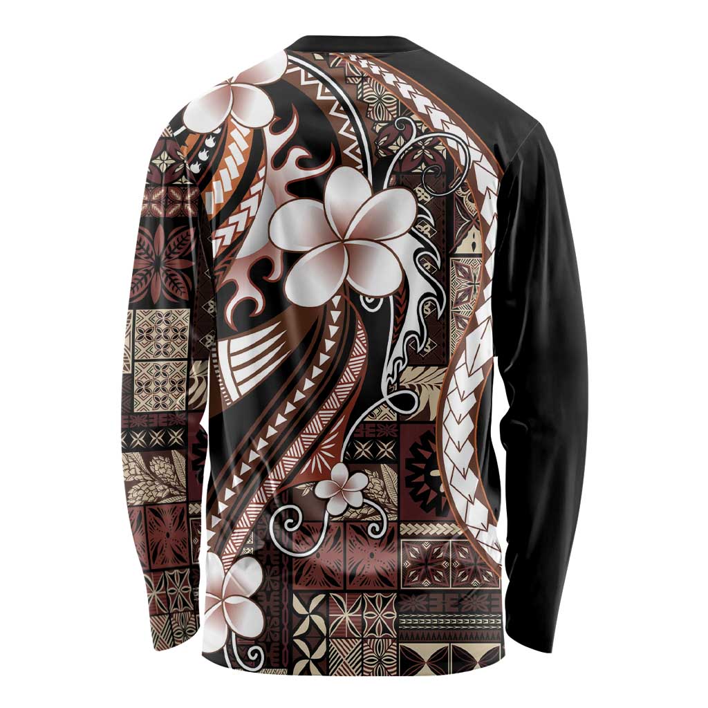 Samoa Siapo Tribal Pattern Long Sleeve Shirt Brown Polynesian Plumeria Tapa Motif
