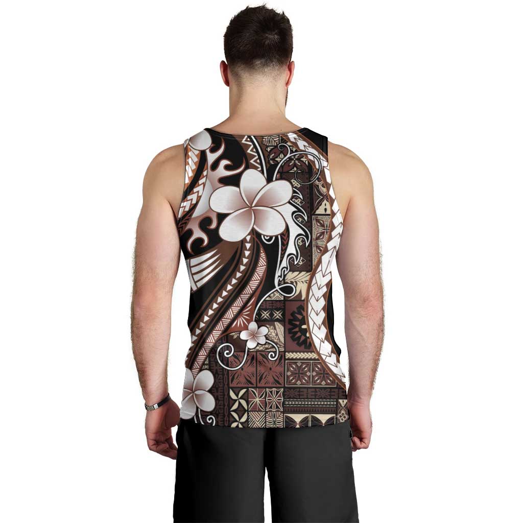 Samoa Siapo Tribal Pattern Men Tank Top Brown Polynesian Plumeria Tapa Motif