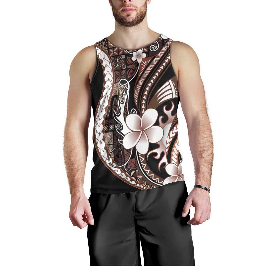 Samoa Siapo Tribal Pattern Men Tank Top Brown Polynesian Plumeria Tapa Motif