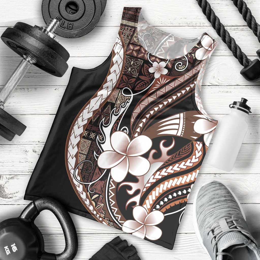 Samoa Siapo Tribal Pattern Men Tank Top Brown Polynesian Plumeria Tapa Motif