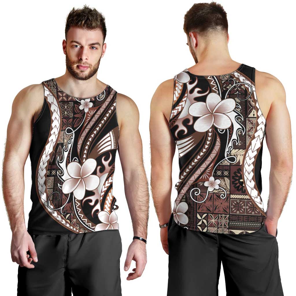 Samoa Siapo Tribal Pattern Men Tank Top Brown Polynesian Plumeria Tapa Motif