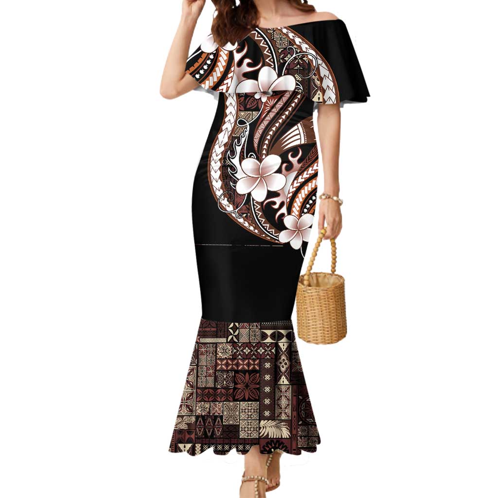 Samoa Siapo Tribal Pattern Mermaid Dress Brown Polynesian Plumeria Tapa Motif