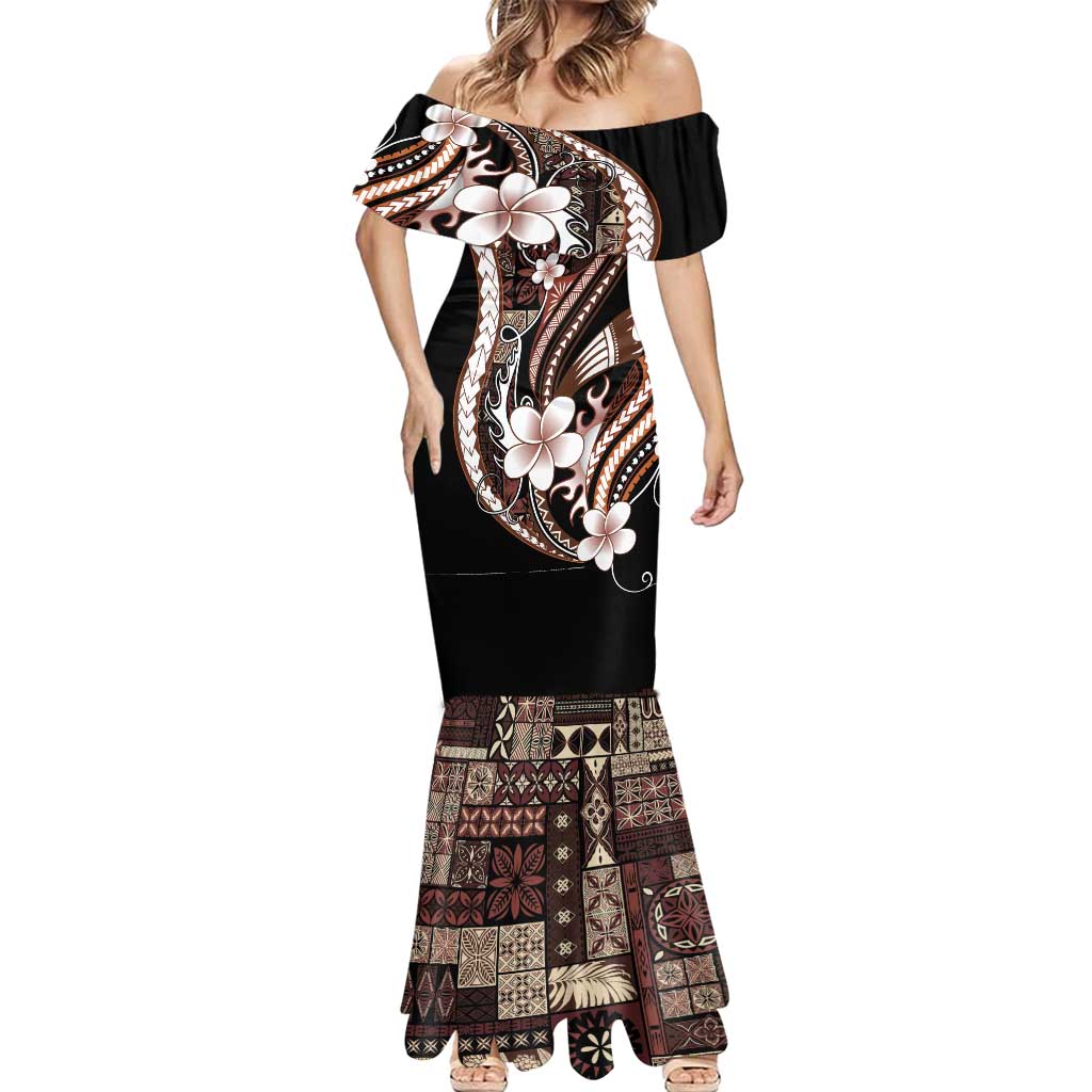 Samoa Siapo Tribal Pattern Mermaid Dress Brown Polynesian Plumeria Tapa Motif