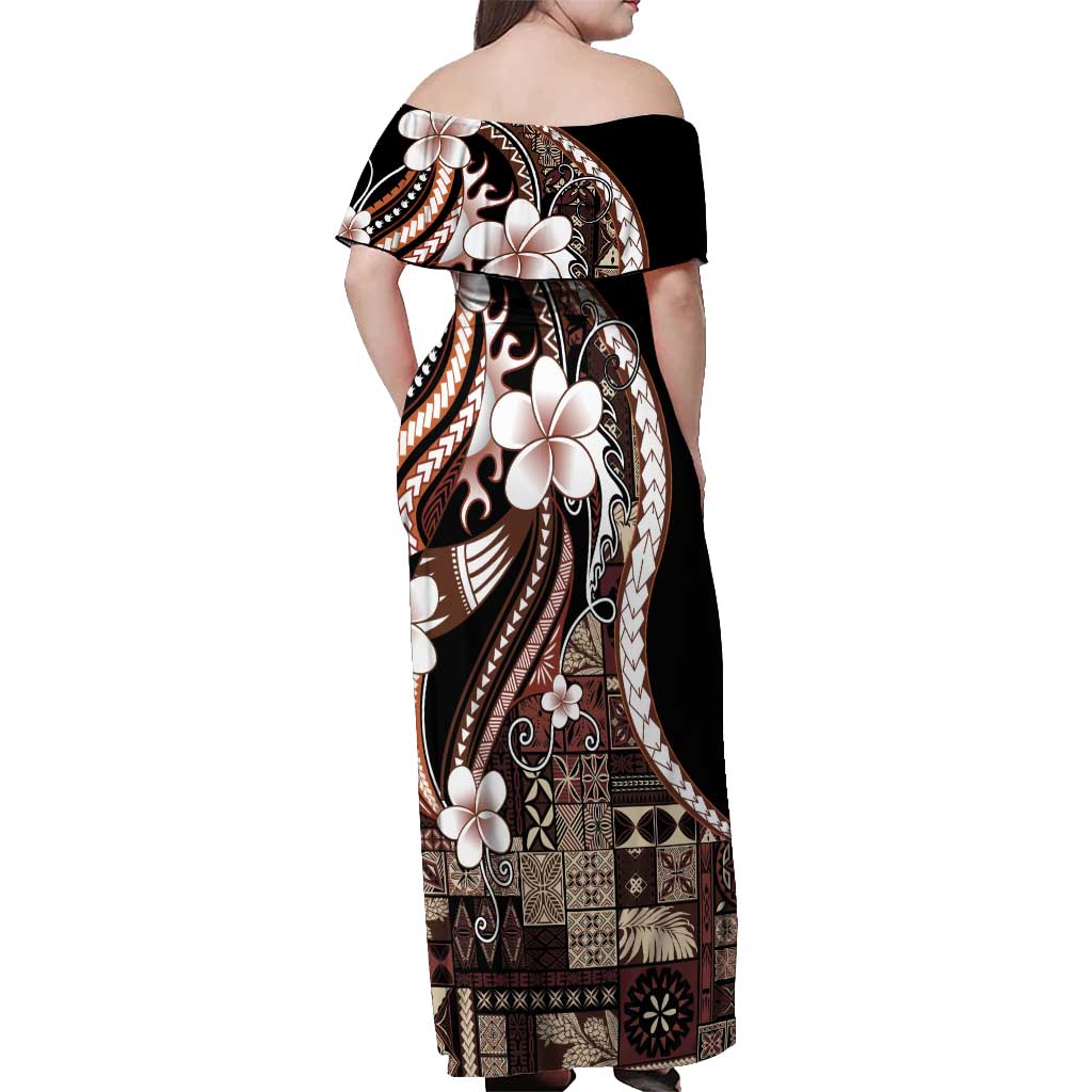 Samoa Siapo Tribal Pattern Off Shoulder Maxi Dress Brown Polynesian Plumeria Tapa Motif LT9 - Polynesian Pride