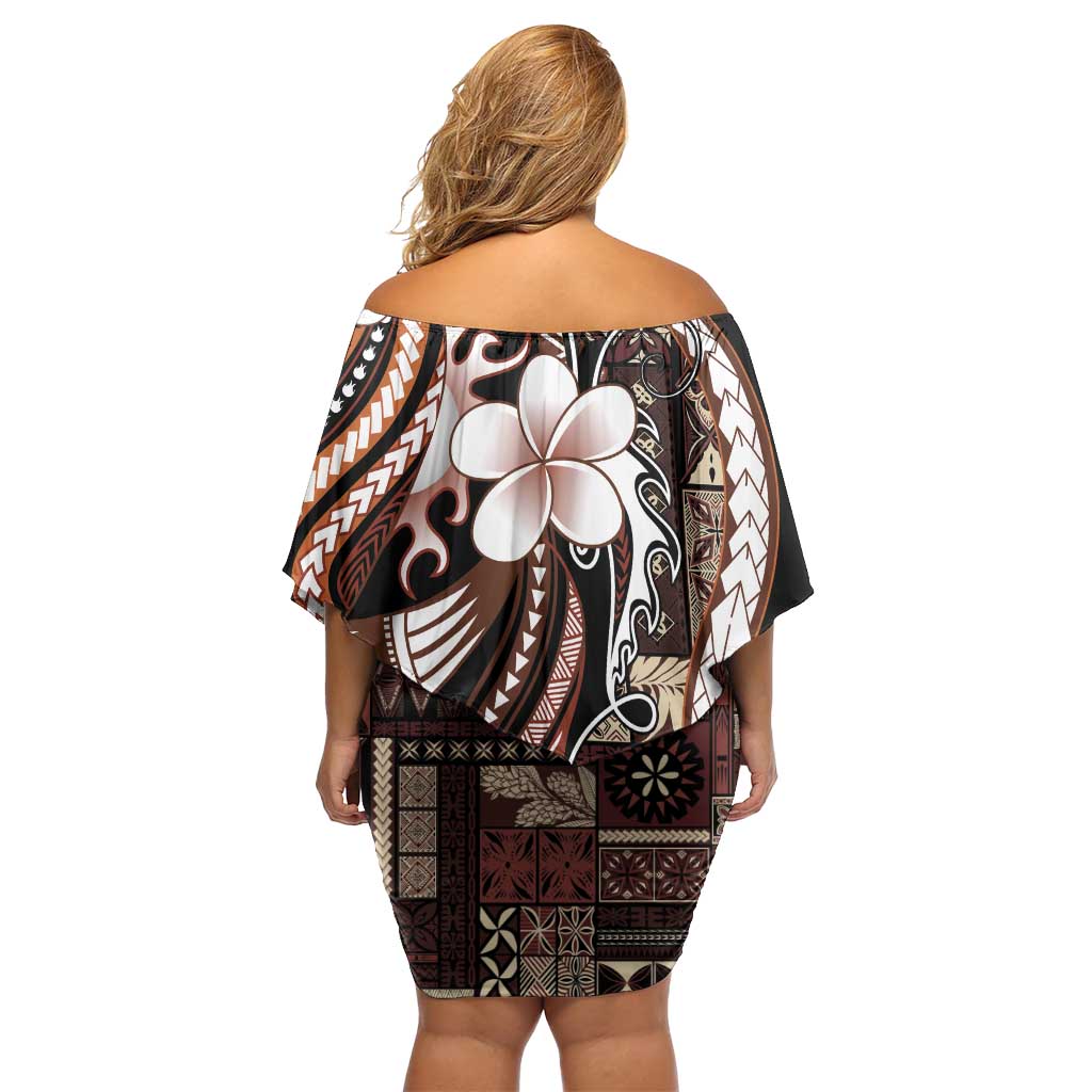 Samoa Siapo Tribal Pattern Off Shoulder Short Dress Brown Polynesian Plumeria Tapa Motif LT9 - Polynesian Pride