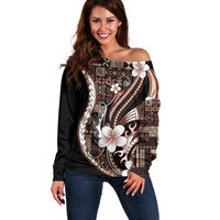 Samoa Siapo Tribal Pattern Off Shoulder Sweater Brown Polynesian Plumeria Tapa Motif LT9 Women Brown - Polynesian Pride