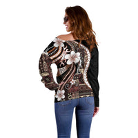 Samoa Siapo Tribal Pattern Off Shoulder Sweater Brown Polynesian Plumeria Tapa Motif LT9 - Polynesian Pride