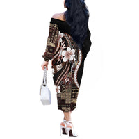 Samoa Siapo Tribal Pattern Off The Shoulder Long Sleeve Dress Brown Polynesian Plumeria Tapa Motif LT9 - Polynesian Pride