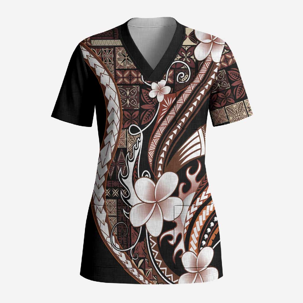 Samoa Siapo Tribal Pattern Scrub Top Brown Polynesian Plumeria Tapa Motif LT9 Adult Brown - Polynesian Pride