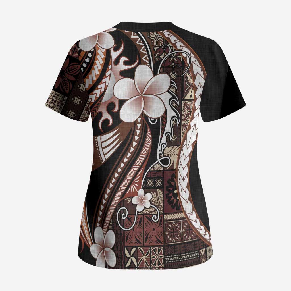 Samoa Siapo Tribal Pattern Scrub Top Brown Polynesian Plumeria Tapa Motif LT9 - Polynesian Pride