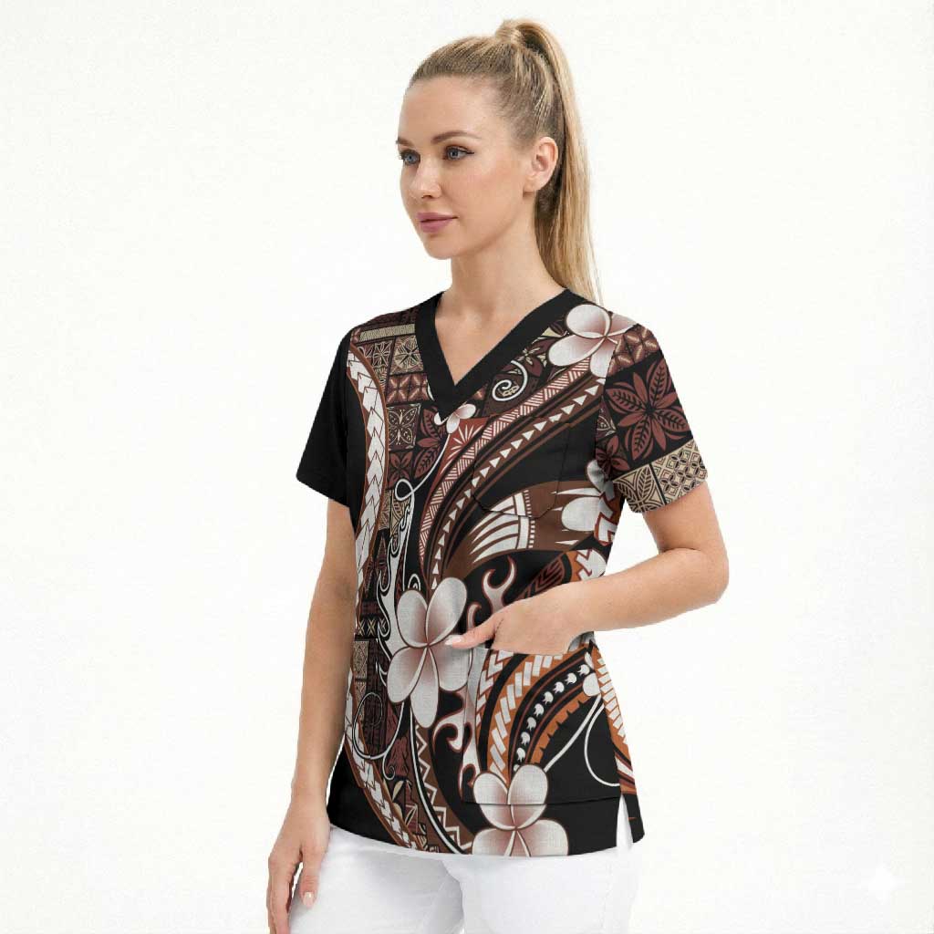 Samoa Siapo Tribal Pattern Scrub Top Brown Polynesian Plumeria Tapa Motif LT9 - Polynesian Pride