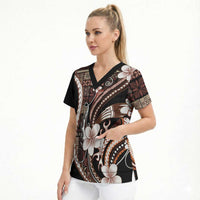 Samoa Siapo Tribal Pattern Scrub Top Brown Polynesian Plumeria Tapa Motif LT9 - Polynesian Pride