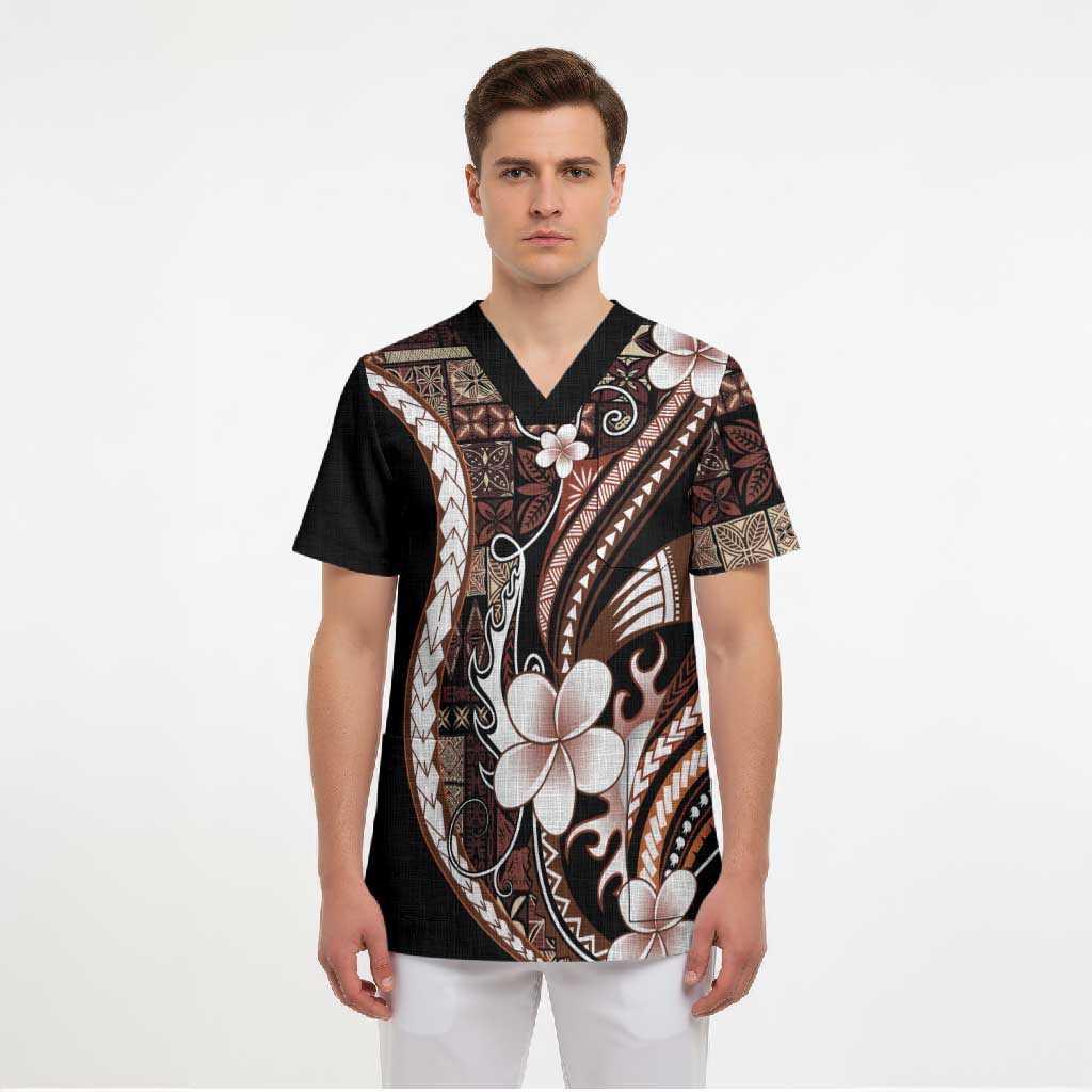 Samoa Siapo Tribal Pattern Scrub Top Brown Polynesian Plumeria Tapa Motif LT9 - Polynesian Pride