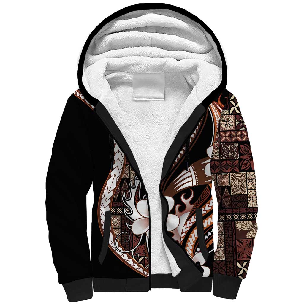 Samoa Siapo Tribal Pattern Sherpa Hoodie Brown Polynesian Plumeria Tapa Motif LT9 Unisex Brown - Polynesian Pride