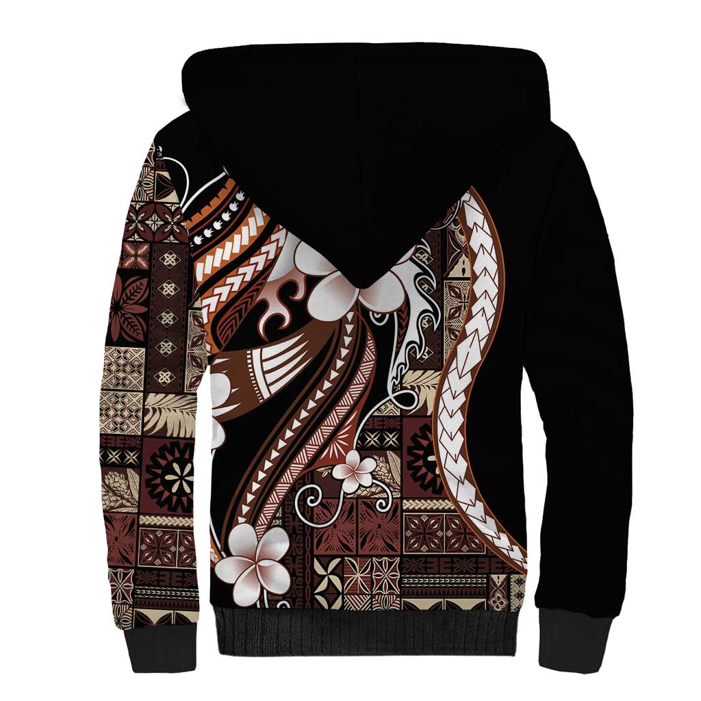Samoa Siapo Tribal Pattern Sherpa Hoodie Brown Polynesian Plumeria Tapa Motif LT9 - Polynesian Pride