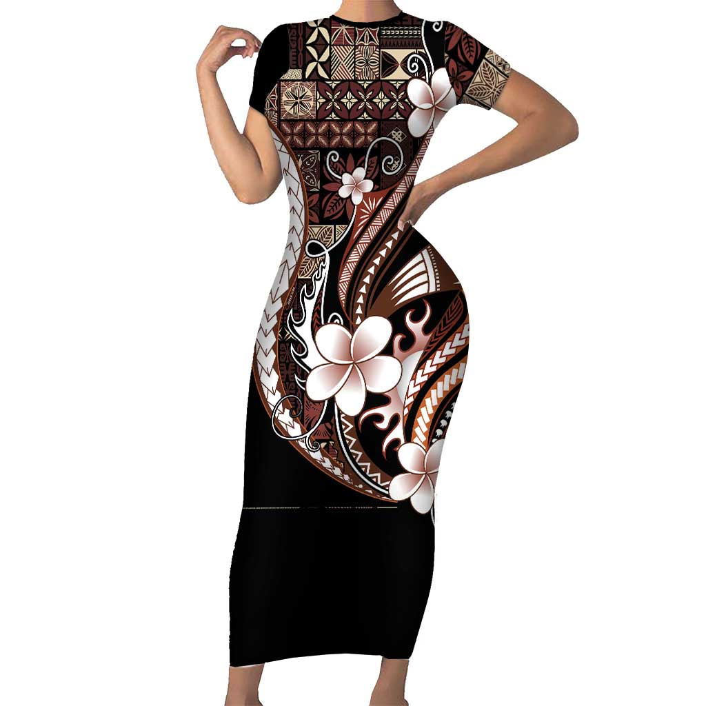 Samoa Siapo Tribal Pattern Short Sleeve Bodycon Dress Brown Polynesian Plumeria Tapa Motif LT9 Long Dress Brown - Polynesian Pride